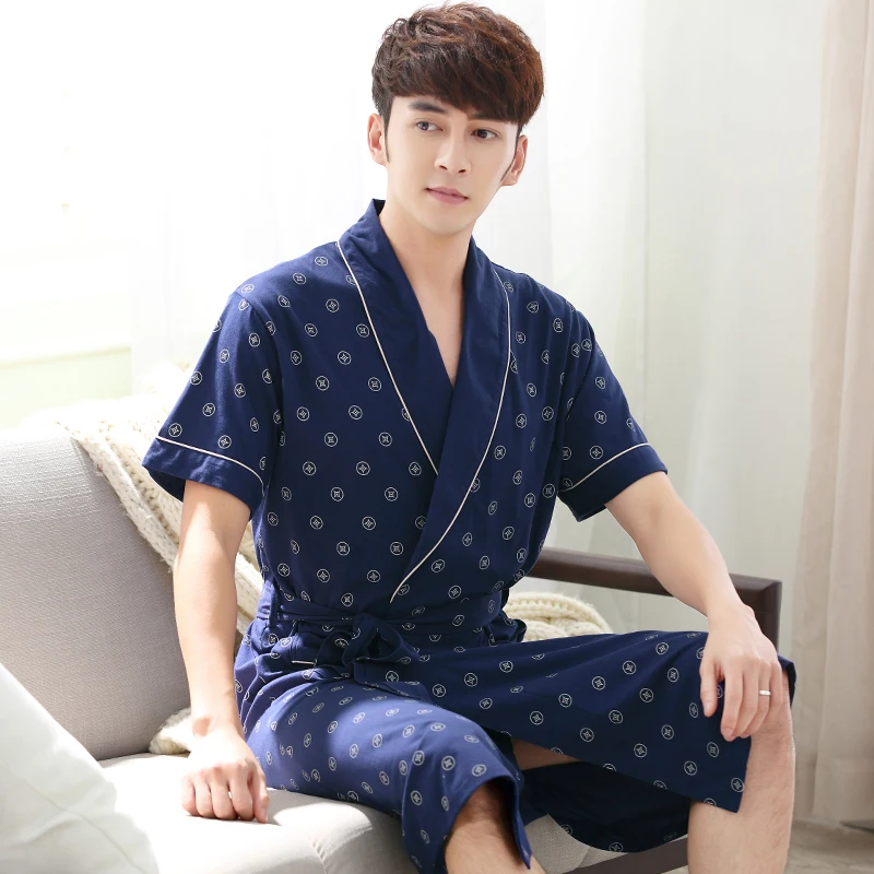 Summer 100 Cotton Knited Robe Male V neck Sexy Dressing Gown Men's