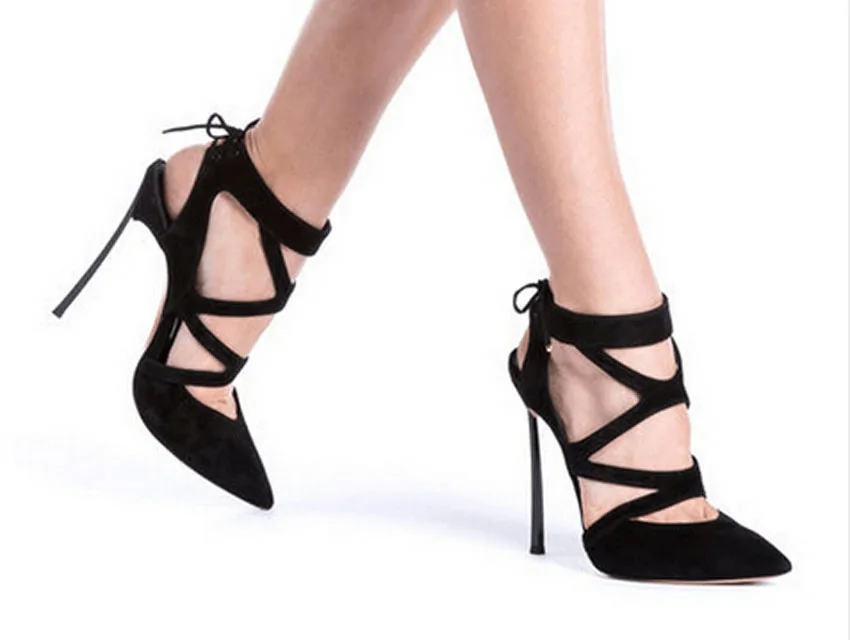 Лидер продаж черные кожаные женские туфли на высоком каблуке с острым носком женская обувь на металлическом каблуке модная обувь с вырезами сандалии "гладиатор" со шнуровкой