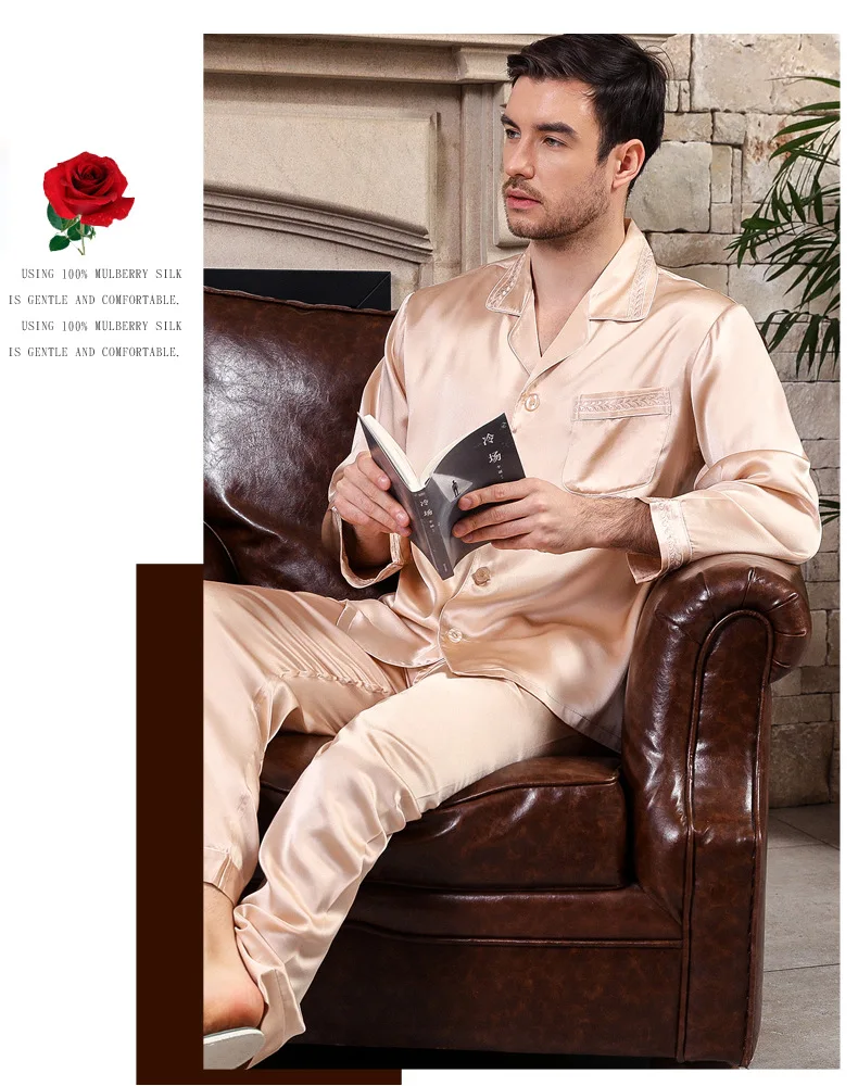 

Nobility Spring Autumn Heavy Men's 100% Silk Pajamas Long Sleeve Nightgown Top+Pants Silk Pyjama Set Sleepwear Home clothing