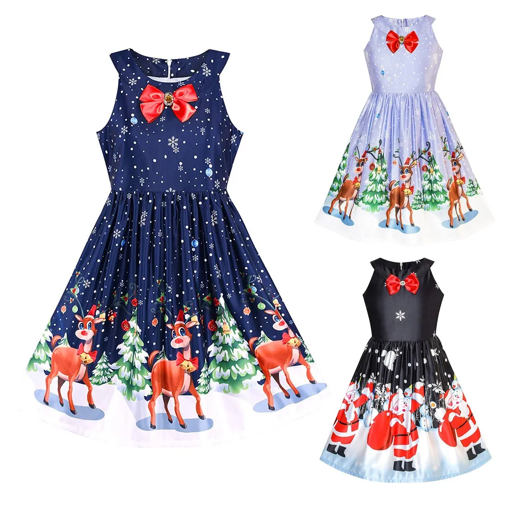 Платье для девочек; рождественское детское платье принцессы без рукавов с бантом и рисунком Санта-Клауса, оленя, лося; детская одежда для девочек; платье для девочек