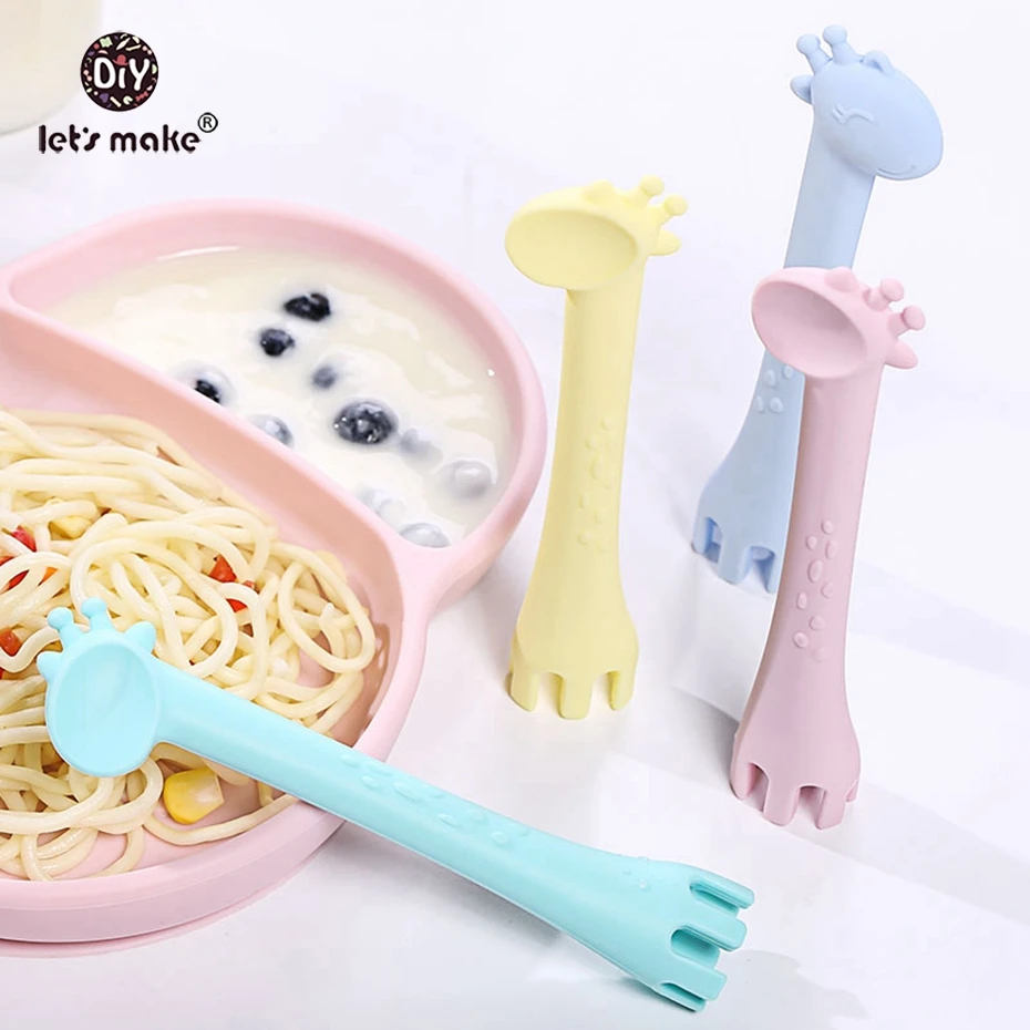Let's make 10 шт. детская силиконовая ложка с жирафом и вилка для кормления два в одном безопасная посуда Детские Обучающие ложки для прорезывания зубов