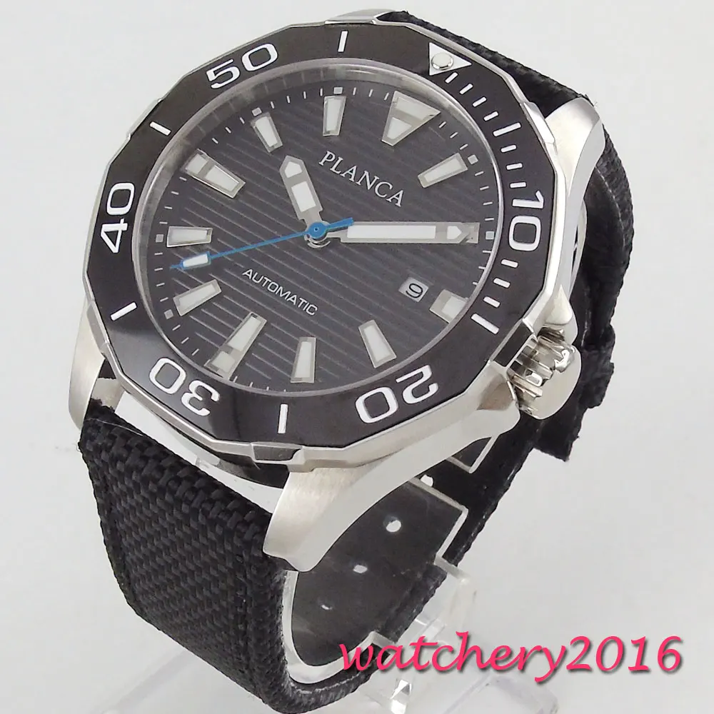 

45mm Planca Black Dial Rotating Ceramic Bezel Date Stainless steel Case Leather Luxury MIYOTA Automatic Movement men's Watch