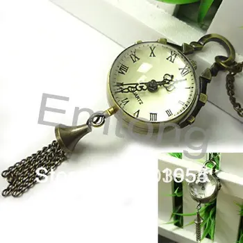 

Ball Pocket Watches roma clocks crystal free shipping cheap Antique Vintage bronze Pendant Quartz New Necklace 10pcs/lot Chain