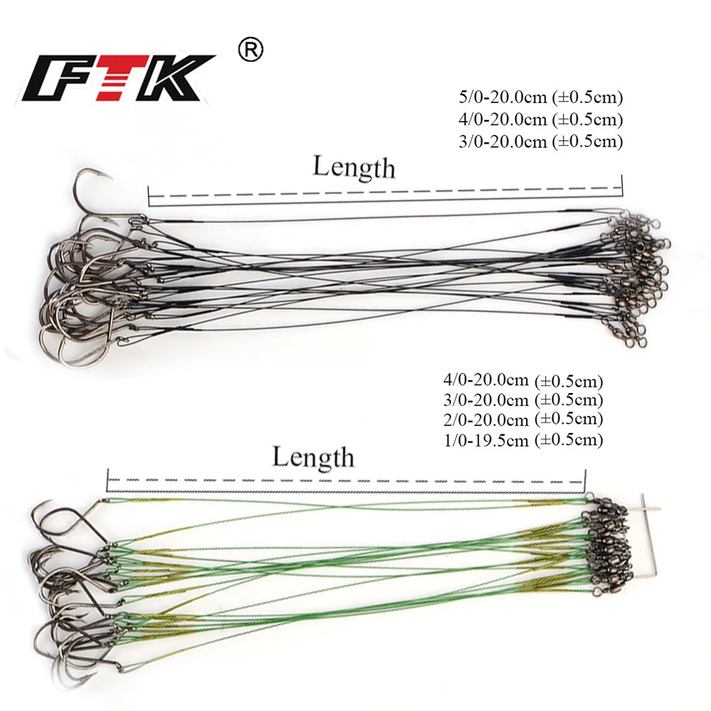 FTK 20PCS 1/0#-5/0# 40LB-80LB Fishing Line Steel Wire Leader With Rolling Swivels Duo-Lock Snap Anti-bait Fishing Hooks