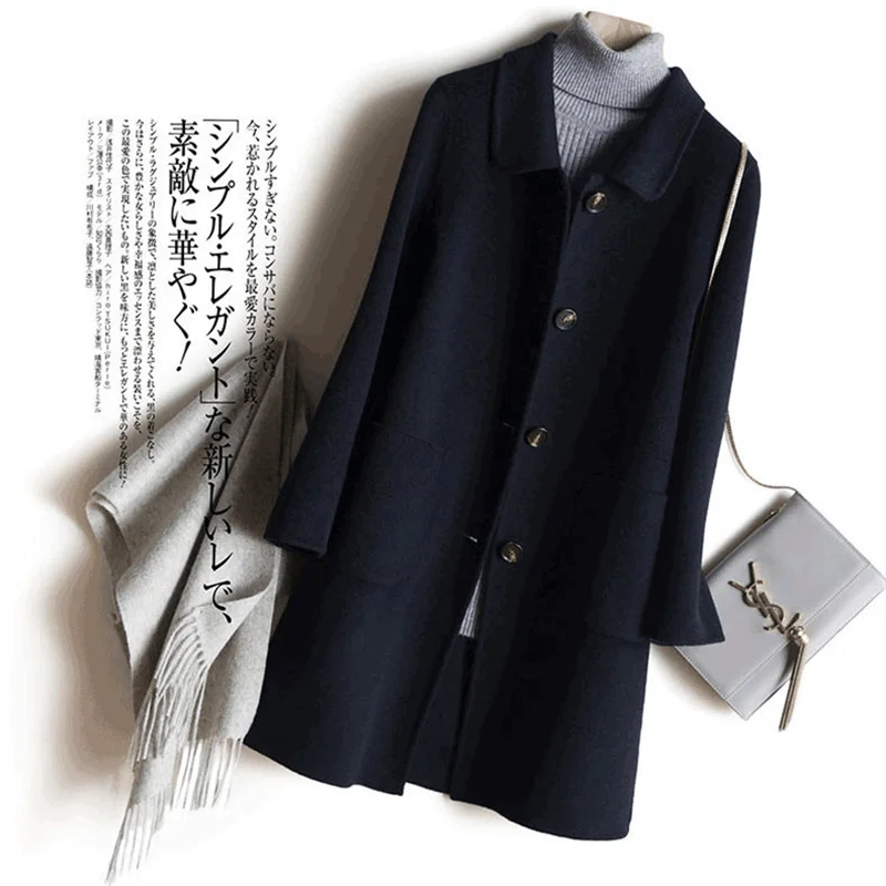 AYUNSUE, повседневное женское шерстяное пальто, женская осенне-зимняя куртка, Женская мода, длинные шерстяные куртки, manteau femme hiver Q18011 - Цвет: Черный