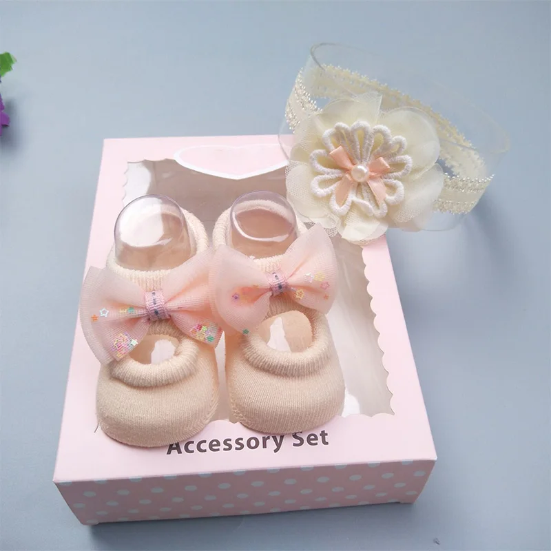 Cute Bow Newborn Baby Girl Socks+Headband Set Princess Lace Flower Baby Socks Infant Toddler New Born Ankle Sock Girls Gift - Цвет: set 1 NO BOX