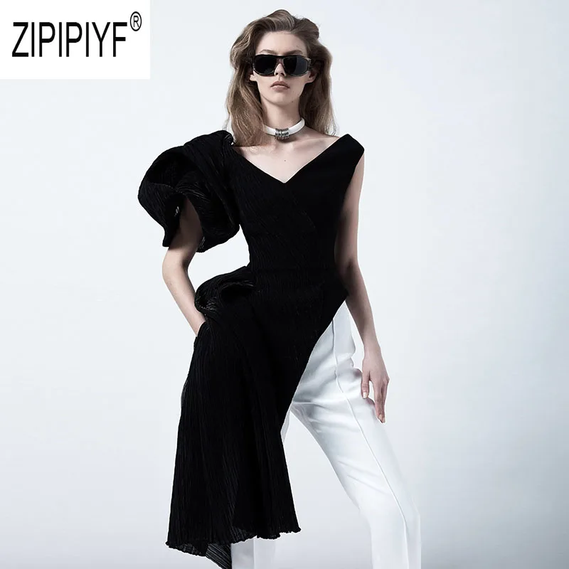 

Unique Design Fashion Women Sets V Neck One Shoulder Stereo Flowers Asymmetric Blouse White High Waist Party Long Pants Z2163