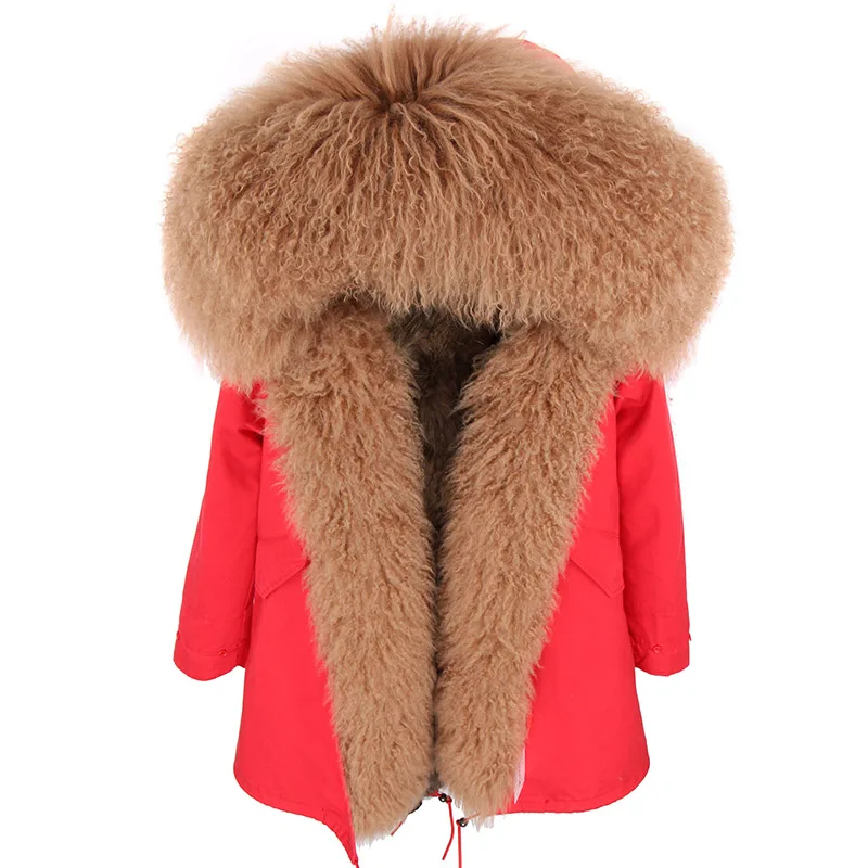 Натуральный мех пальто бренд 2019 зимняя куртка для женщин Длинная парка натуральный Монголия овец меховой капюшон, воротник натуральным