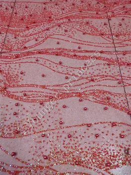 

Red color Nice Looking glitter material for evening dress 5 yards special glued glitter lace fabric with pearls YG-152