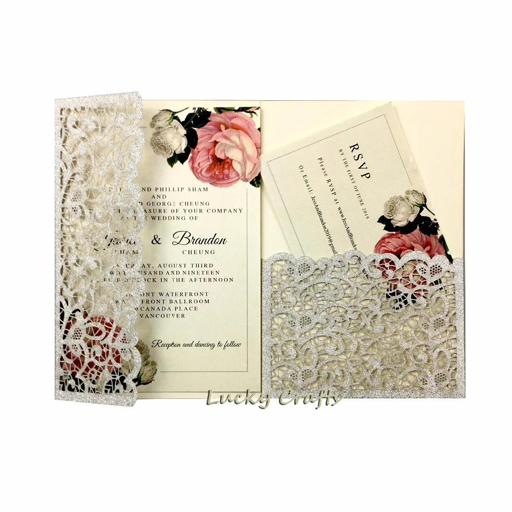

50pcs pocketfold laser cut lace silver glitter film paper Wedding invitation cards trifold pocket card gatefold for anniversary
