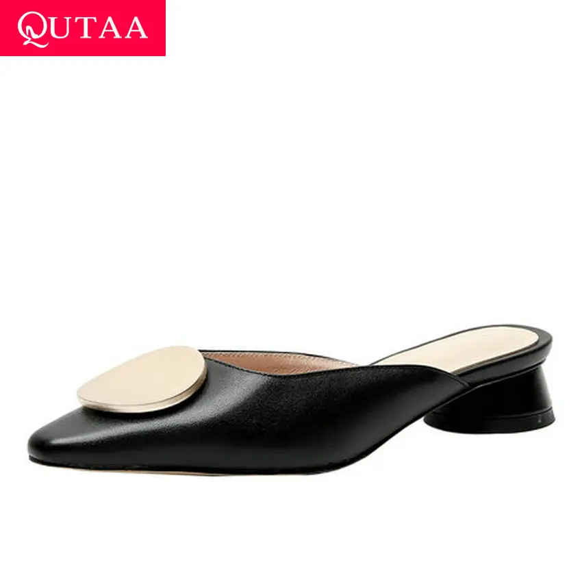 

QUTAA 2019 Women Sandals Square Toe Cow Leather Fashion Metal Decoration Square Heel Slingbacke Concis Ladies Shoes Size 34-40