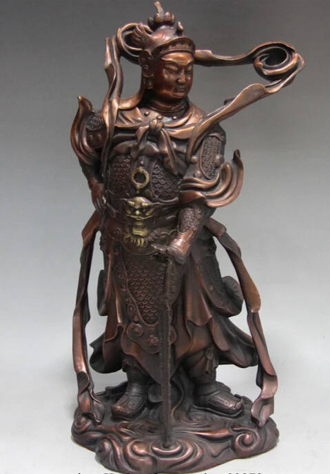 

008280 16 Chinese Folk Pure Red Copper Bronze God of War WeiTuo Wei Tuo Warrior Statue