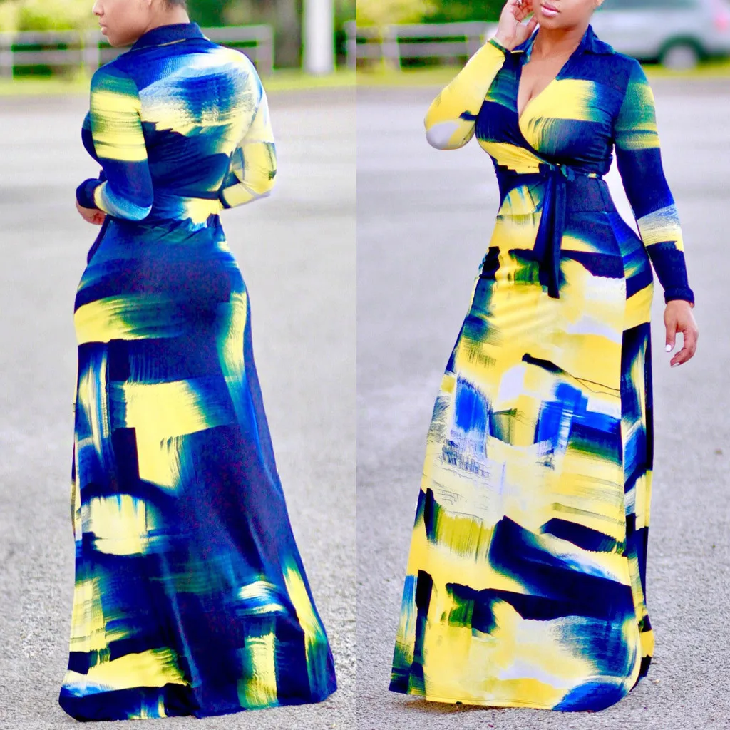 Dresses Woman Party Night summer dress 2019 Fashion Women V-Neck Long Sleeve Tie dyeing Printing Bandage Long Maxi Dress Robe Dresses Woman Party Night summer dress 2019 Fashion Women V-Neck Long Sleeve Tie dyeing Printing Bandage Long Maxi Dress Robe
