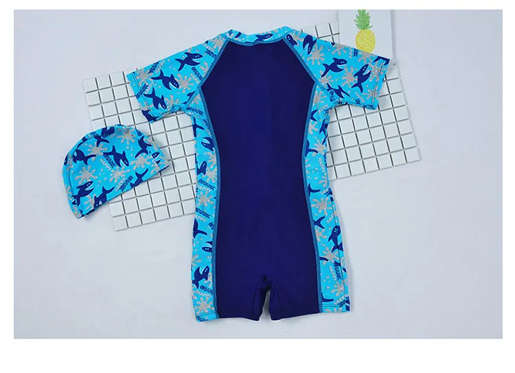 Сдельный купальник для мальчиков, с кепкой, детская летяя одежда для купания, костюмы для пляжа с шапочкой для купания, купальники с защитой от UV