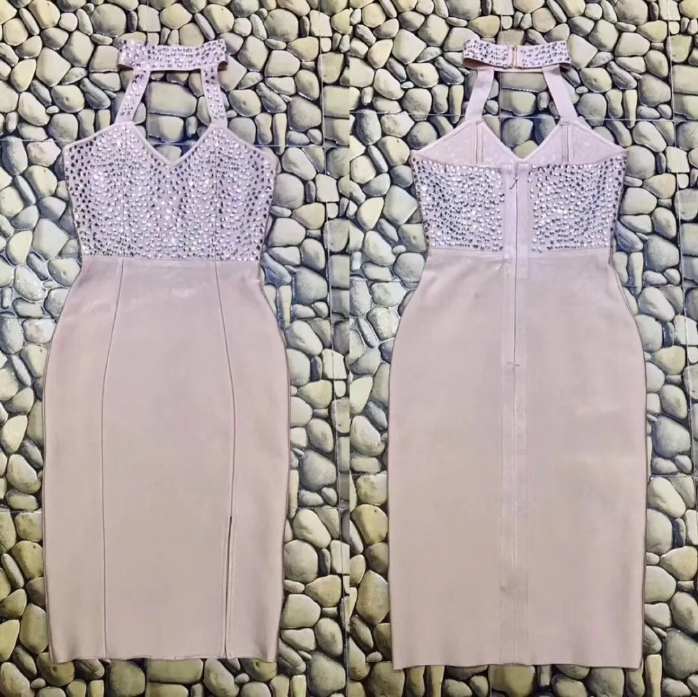 High Quality Khaki Black Beading Sleeveless Bodycon Rayon Bandage Dress Evening Party Bodycon Dress (2)
