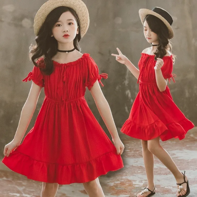 

New 2019 Summer Girl Clothes Baby Kids Shoulderless Dresses For Girls Princess A Line Dress Red Teenage Party Children Clothing