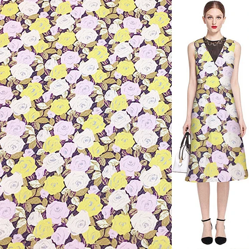 Жаккардовая шелковая хлопковая ткань, розовый, желтый и бежевый цветочный дизайн, SCT538