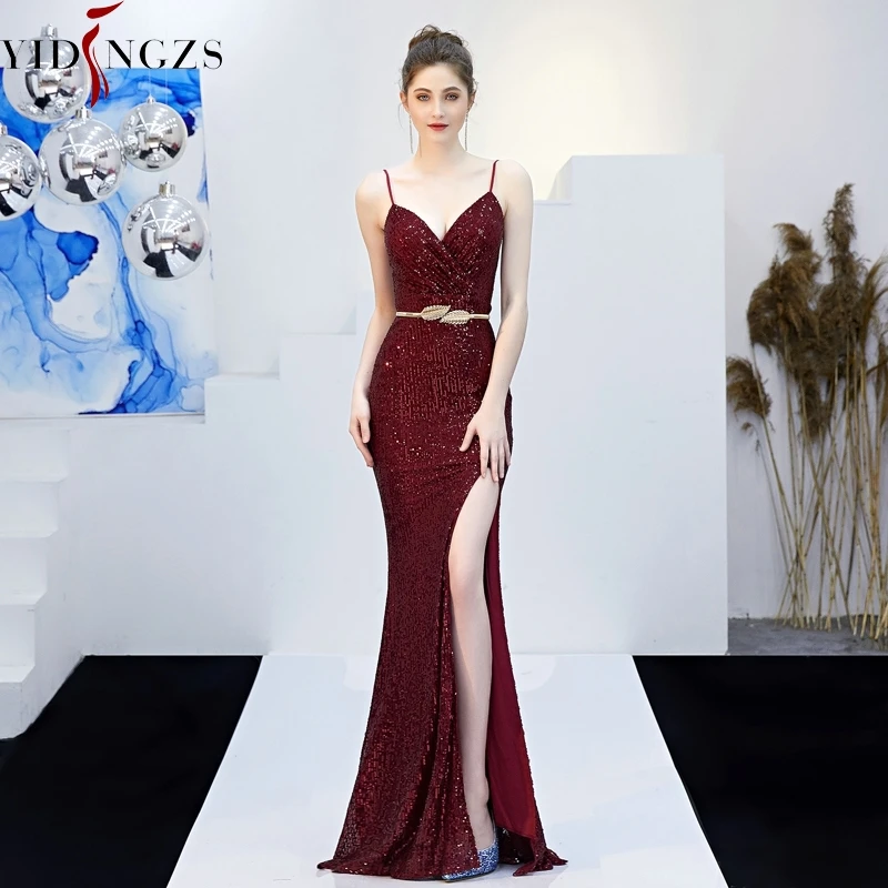 Cena YIDINGZS Sexy V neck Split długa suknia balowa pasek cekiny suknia wieczorowa zielony czarny granatowy złoty czerwony YD16276