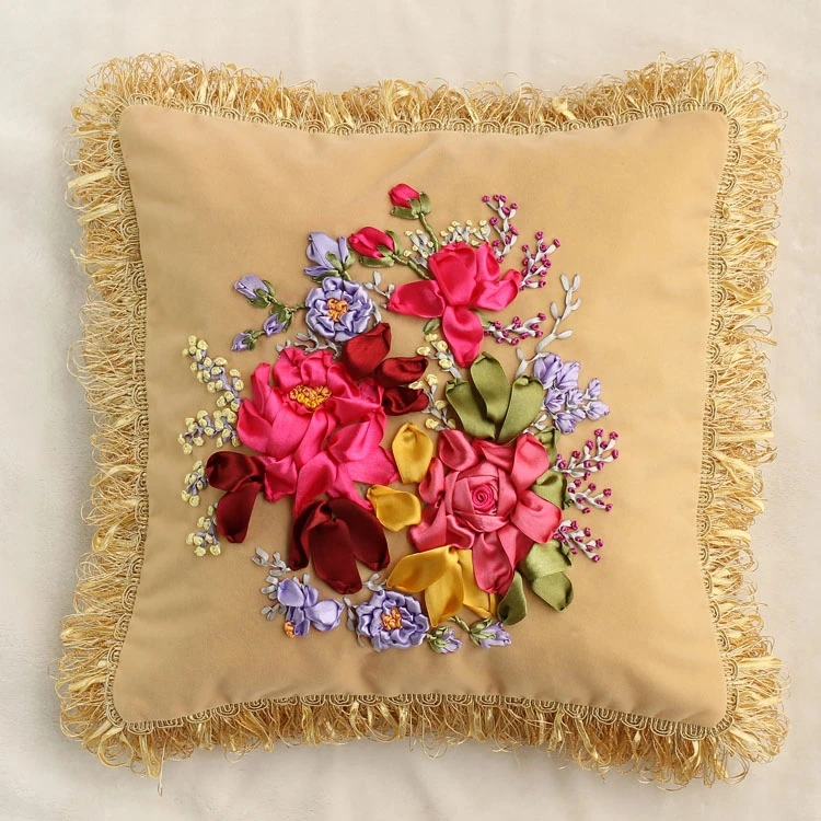 

3D Unfinished Ribbons Embroidery Sets Handmade Needlework Embroidery Kits,Beautiful Flower pile Coating Cloth Cushion Cover