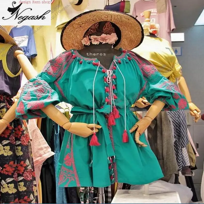 green 4XL настоящая фотография Мини-Платье с рисунком vestido свободное вышитое винтажное платье плюс размер Hoho рубашка льняное свободное кружевное платье бренд - Цвет: green