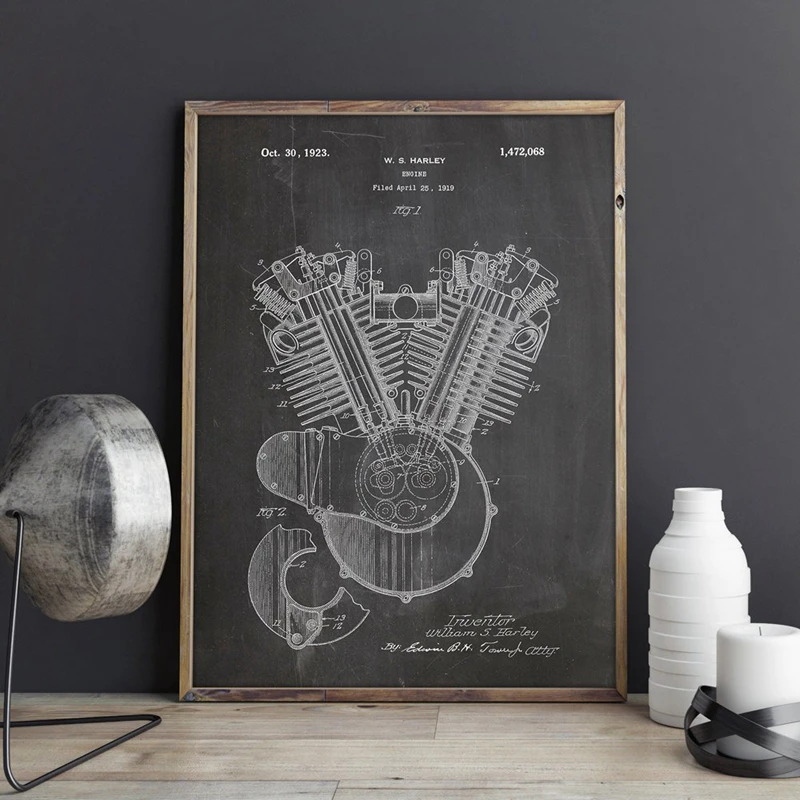 Двигатель мотоцикла 1919 патент Blueprint плакат печать наука стены искусства холст