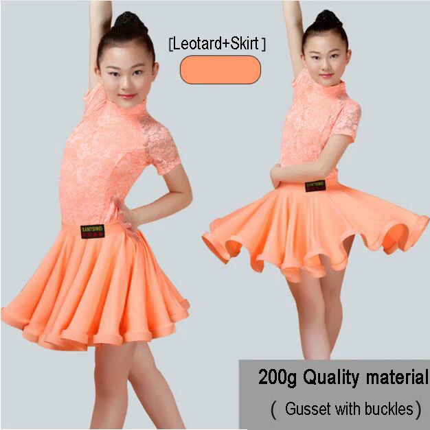 Pink Short Sleeve Новинка; юбка для латинских танцев для девочек; юбки для бальных танцев, сальсы, танго; детское кружевное платье с разрезом для латинских танцев; трико и юбка - Цвет: Pink Short Sleeve