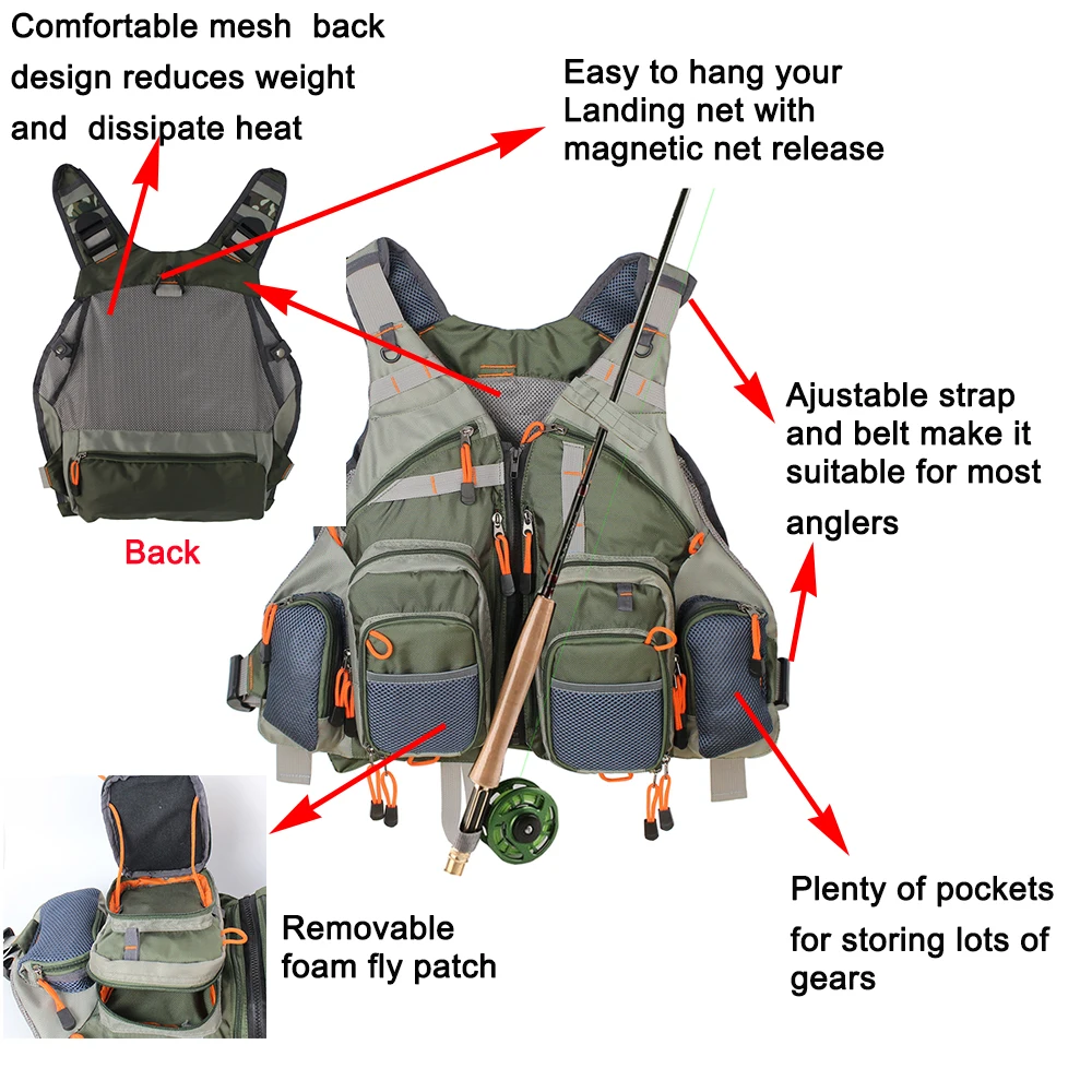 Pesca com Mosca Pacote para Equipamento de Pesca Ajustável para Homens e Mulheres Colete Truta Multifunções Respirável Mochila Tamanho 14 ajustável para homens e mulheres