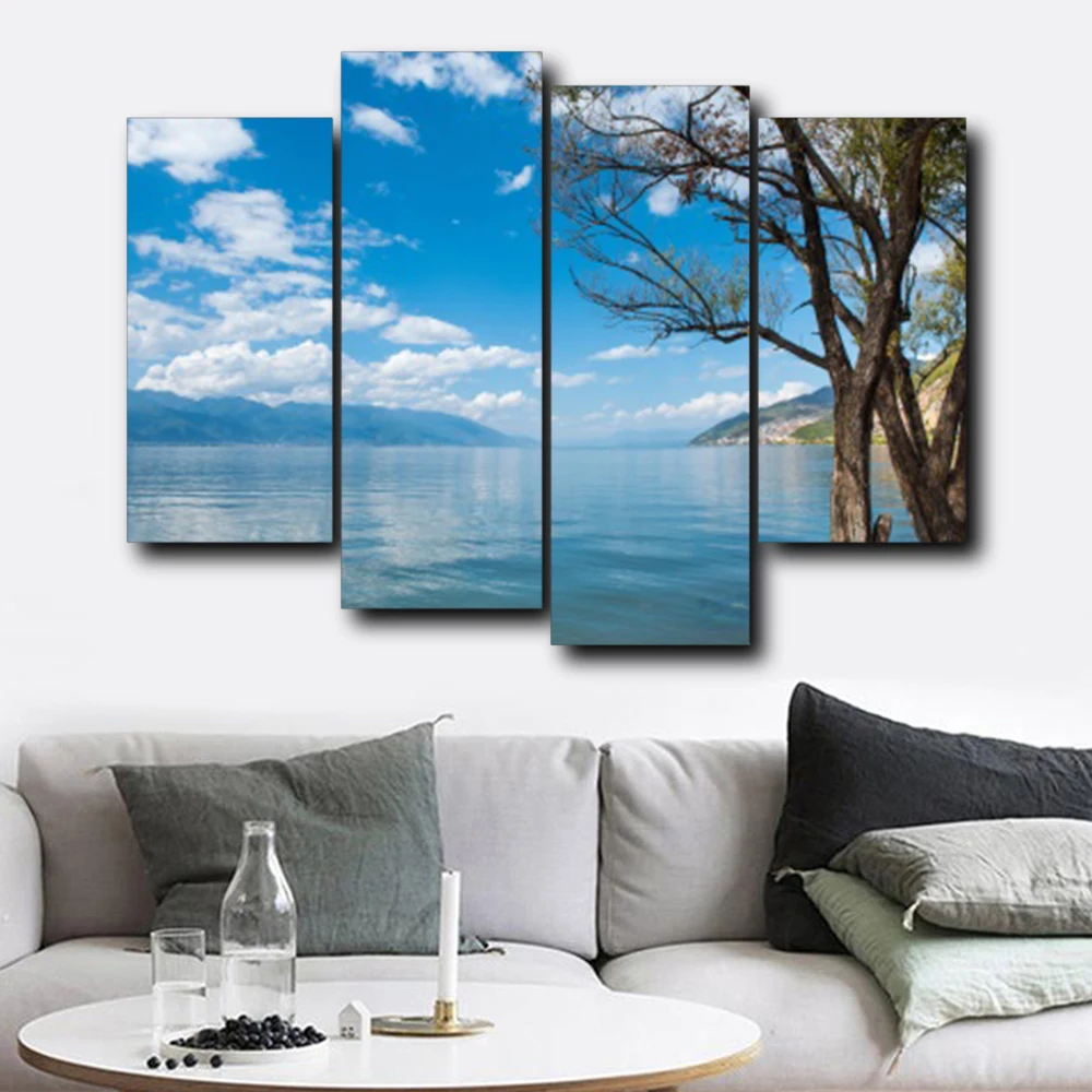 

Laeacco 4 Panel Blue Sky Wall Artwork Outside Posters and Prints HD Canvas Calligraphy Painting Nordic Home Living Room Decor