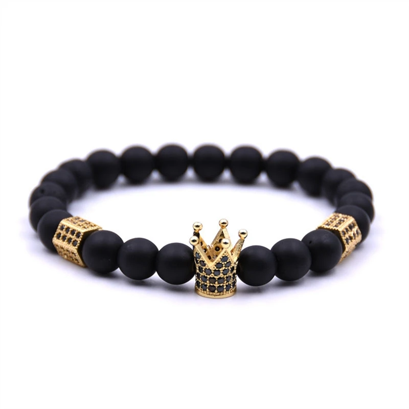 Black Zirconia Gold King Crown Charm Bracelet Men Dull Polish Matte