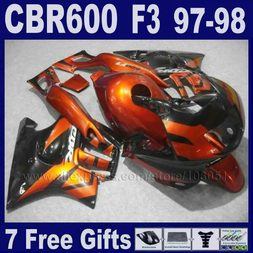 

ABS orange customize free fairing kits for Honda 97 CBR 600 F3 98 CBR600F3 1997 1998 factory black fairing parts Tank cover