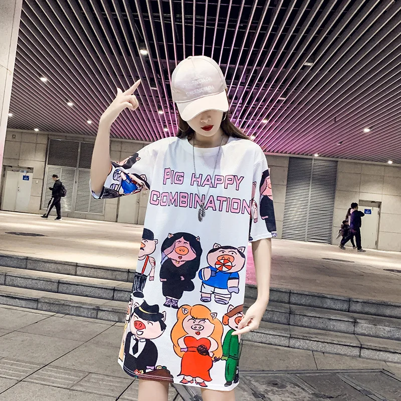 

2019 summer new funny pig print mesh t-shirt Dresses female fast dry ice silk dresses