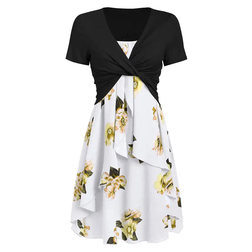 

Floral Print Boho Dress and Twist T-shirt Set 2019 New Sundress Summer Beach Dress Spaghetti Strap Casual Chiffon Dresses