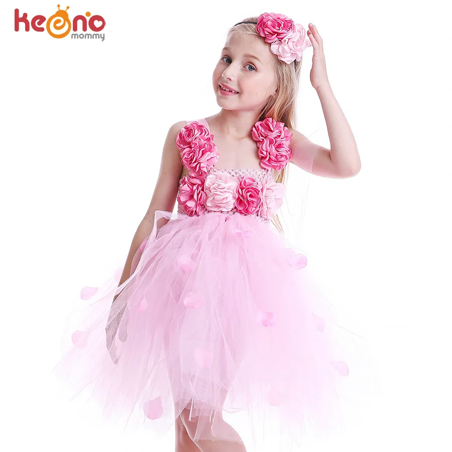 Красивое светло-розовое платье-пачка с цветочным узором для девочек, украшенное лепестками для подружки невесты, свадьбы, крещения
