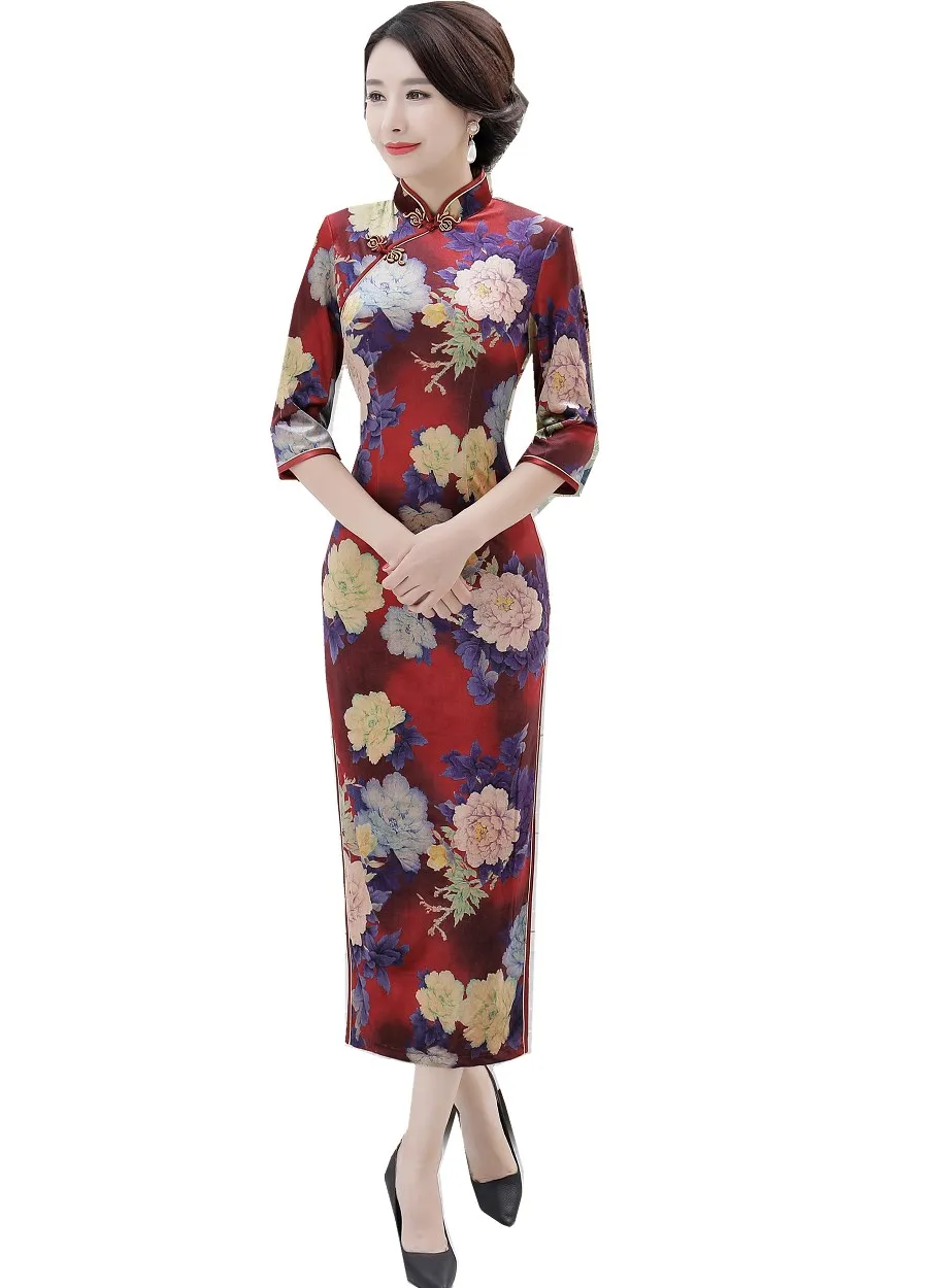 Shanghai Story/3/4 длинный рукав, цветочный узор, бархатное китайское традиционное платье Ципао, восточное платье на осень - Цвет: T0047