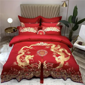 

Luxury Wedding Bedding Set Red 100S Egyptian Cotton Gold Loong Phoenix Peacock Embroidery Duvet Cover Bed Sheet/Linen Pillowcase