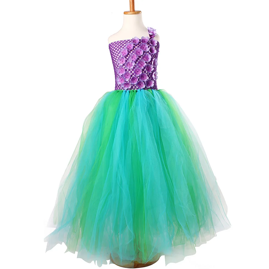 Mermaid Kids Princess Tutu Dress Purple Flowers Green Tulle Baby Girls (12)
