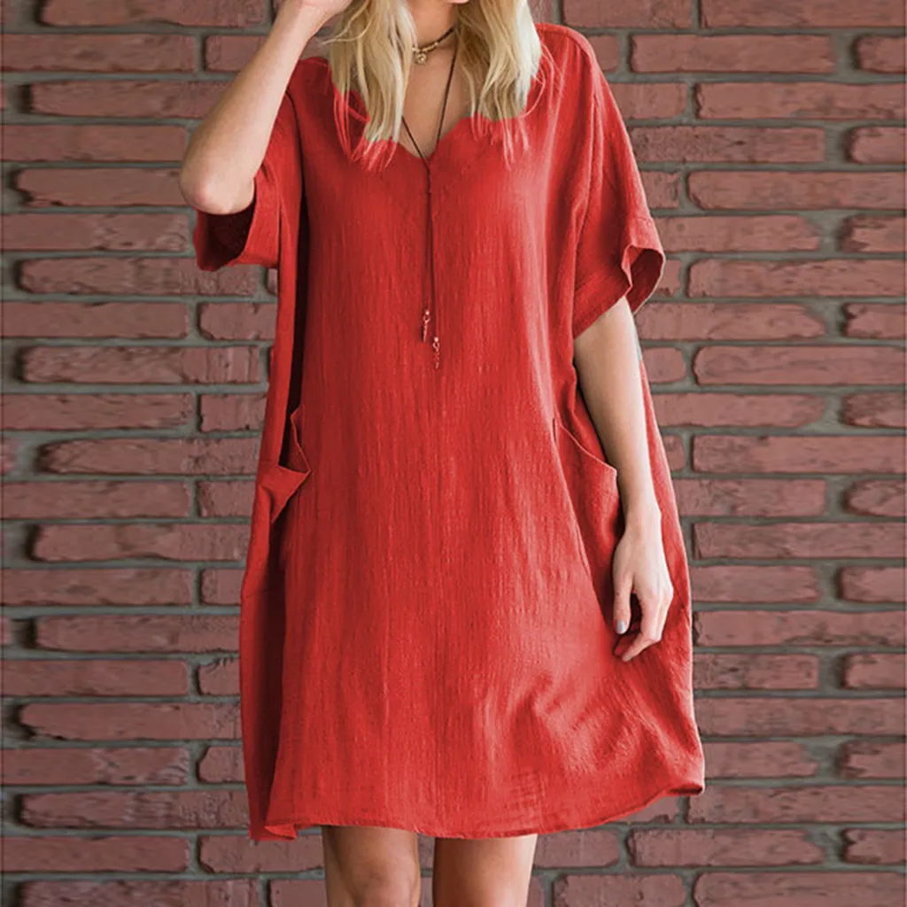

Summer Dresses Womens Loose Solid Cotton Short Sleeve Pocket Mini Dress Casual Ladies Crew Neck Dress Plus Size 2019 Vestidos