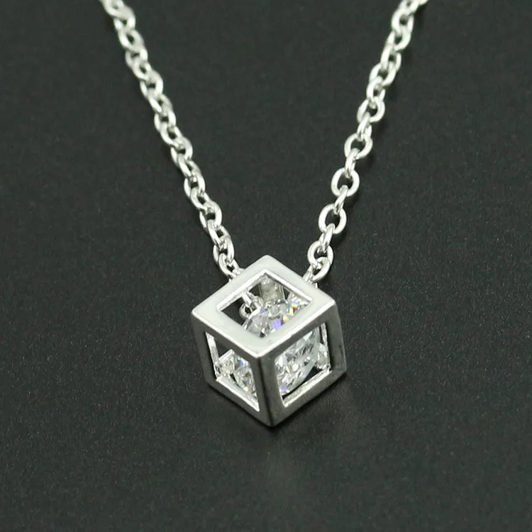 Silver Zircon Necklaces Crystal Square Box Pendant Choker For Women