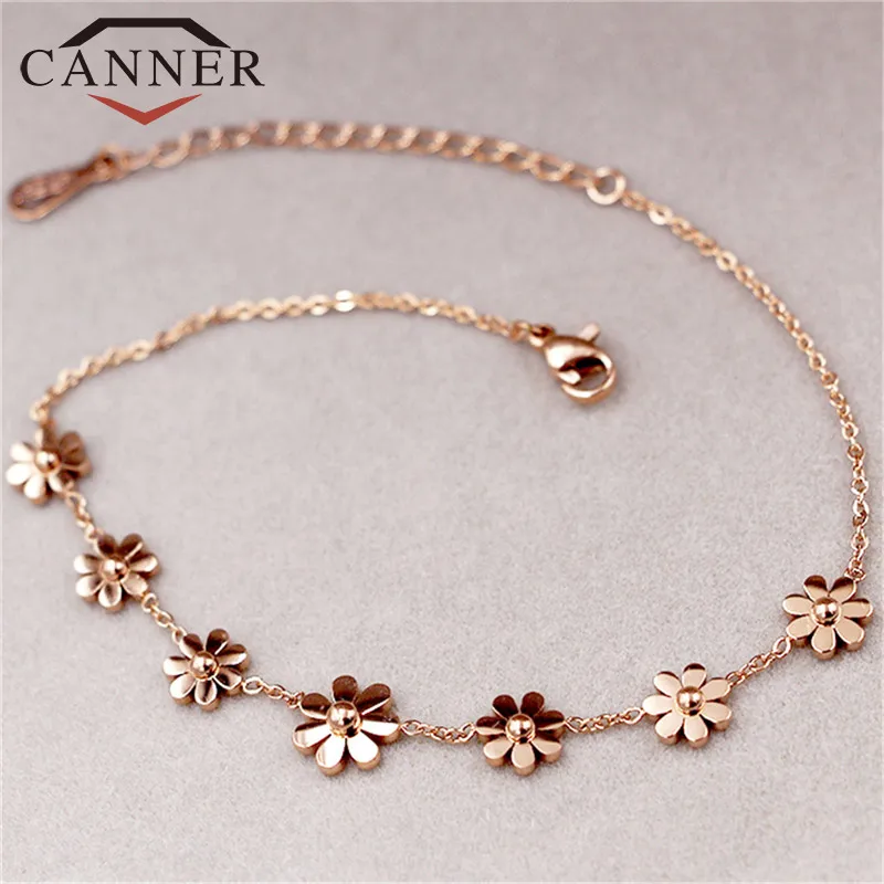 CANNER Rose Gold Color Titanium Steel Lovely Flower Anklet Bracelet Bohemia Beach Vacation Foot Jewelry for Women TW
