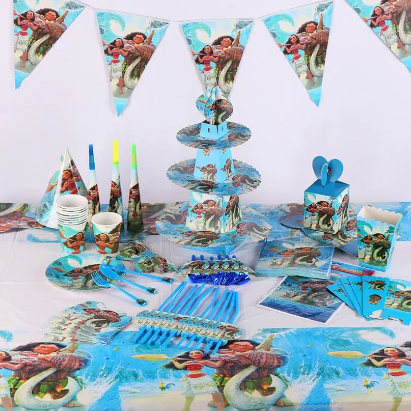 

Moana Theme Cartoon Party Tableware Cup Straw Plate Napkins Candy Box Banner Flags Kid's Birthday Party Decorations Supplies