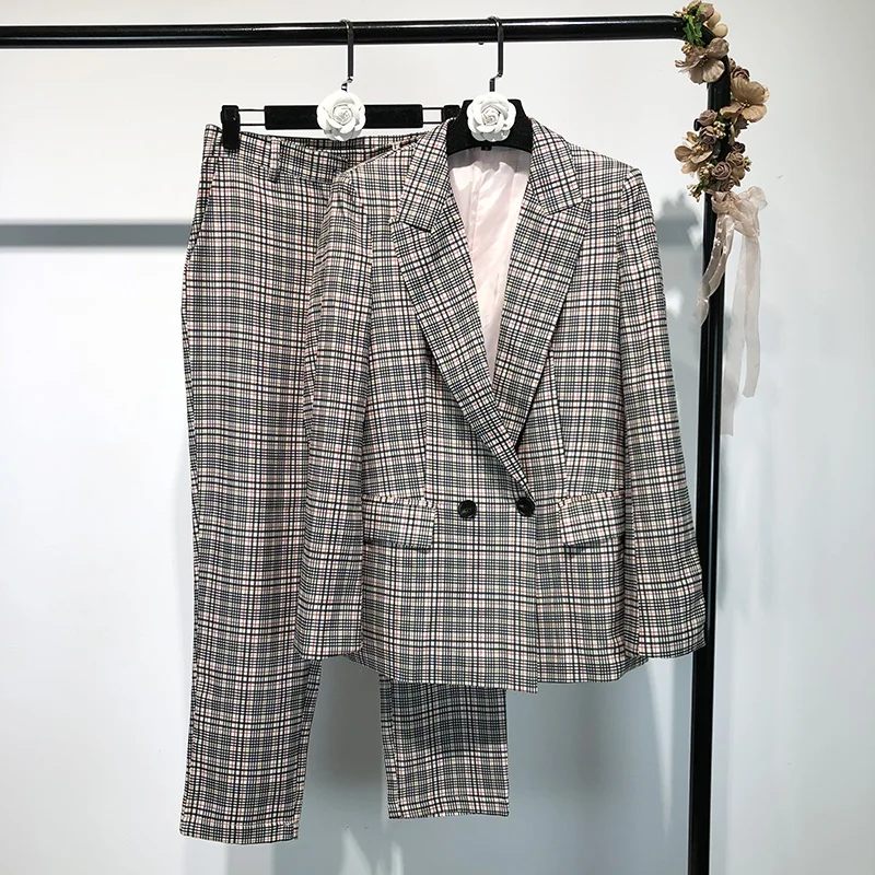 2018 Europe Style Women Plaid Blazer&Trouser Suits 2 Pieces Set Full Sleeve Long Pants Double Breasted Female Coat Elegant OL