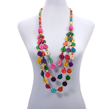 

BeUrSelf Bohemian Necklace for Women Knit Multilayered Handmade Colorful Wood Beads Ethnic Long Coconut Shell Necklace Jewelry