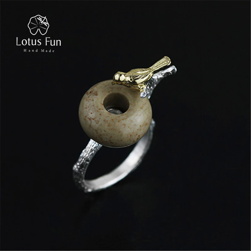 

Lotus Fun Real 925 Sterling Silver Natural Stone Handmade Original Designer Fine Jewelry Vintage Retray Bird Female Rings Bijoux
