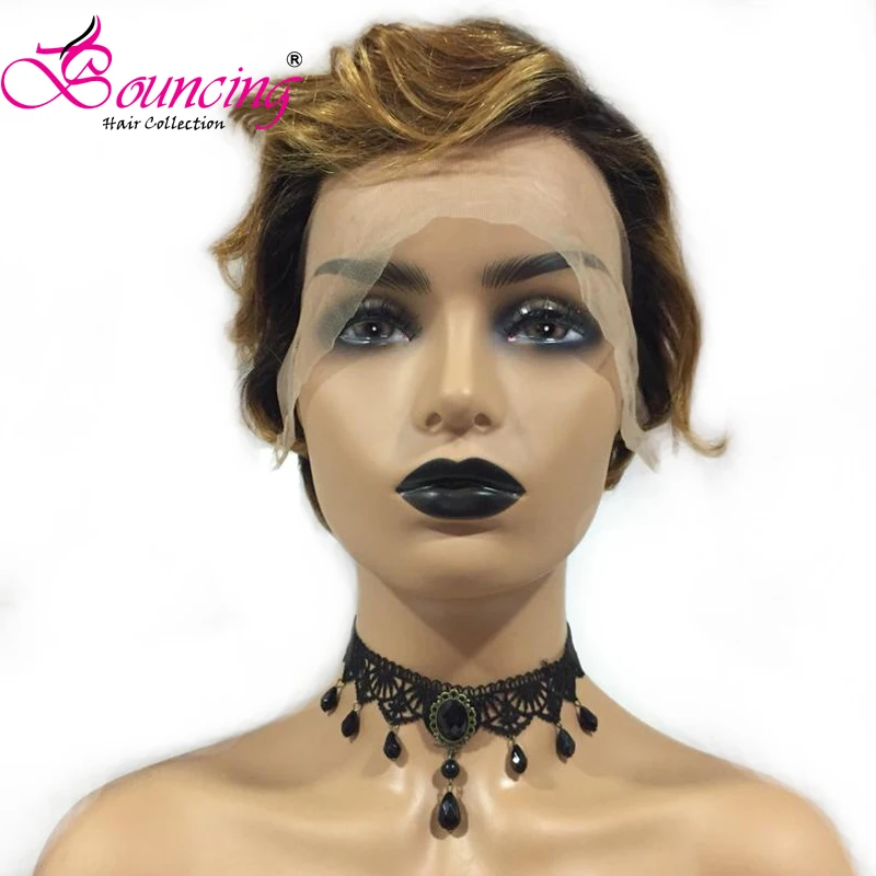 

Bouncing Hair 150 Density Short Pixie Cut Wigs Curly Remy Human Hair 1b/27 Lace Front Wigs Free shipping