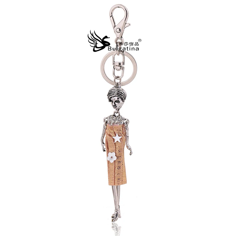 Fashion doll keychains key holder silver plated figure leather dress