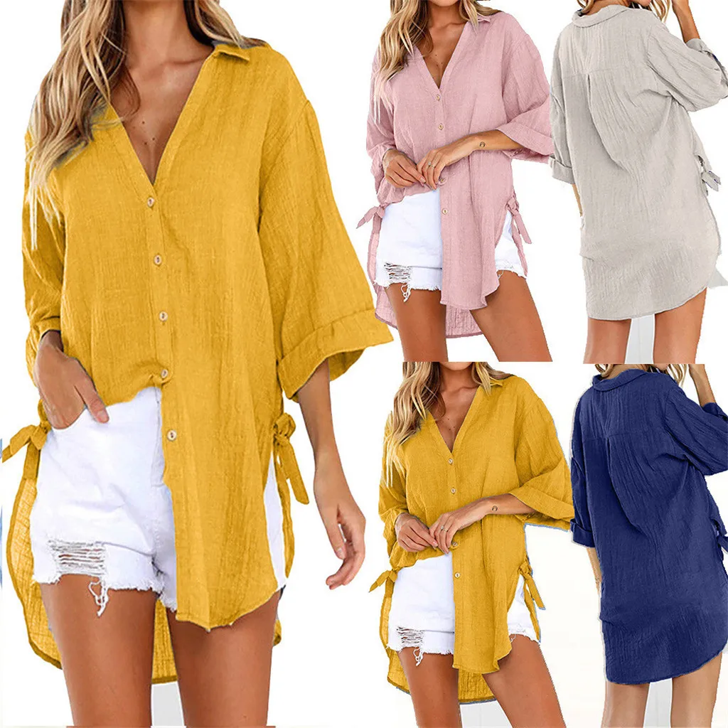 Летняя и осенняя женская блузка, свободная длинная рубашка на пуговицах, желтая блузка на шнуровке из полиэстера, Женские повседневные топы, блузка размера плюс, L703