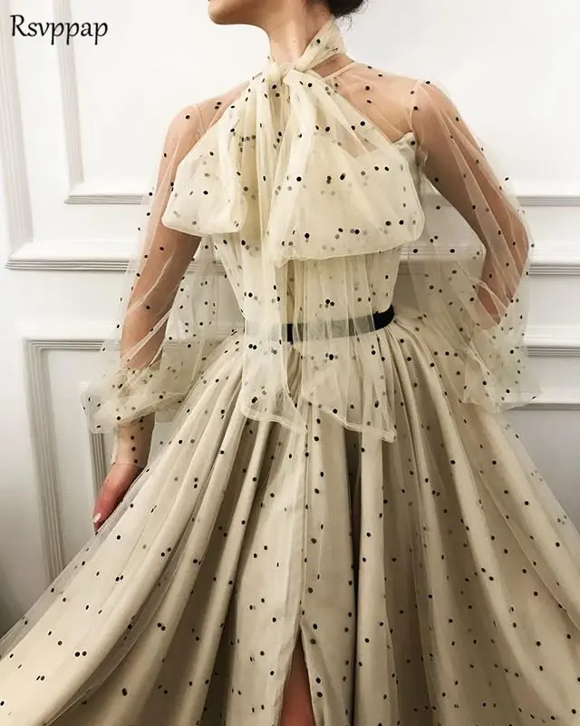 Длинные вечерние платья Реальные образцы прозрачного телесного цвета с длинным рукавом с высоким разрезом abendkleider дамы шампанского Формальное арабское вечернее платье