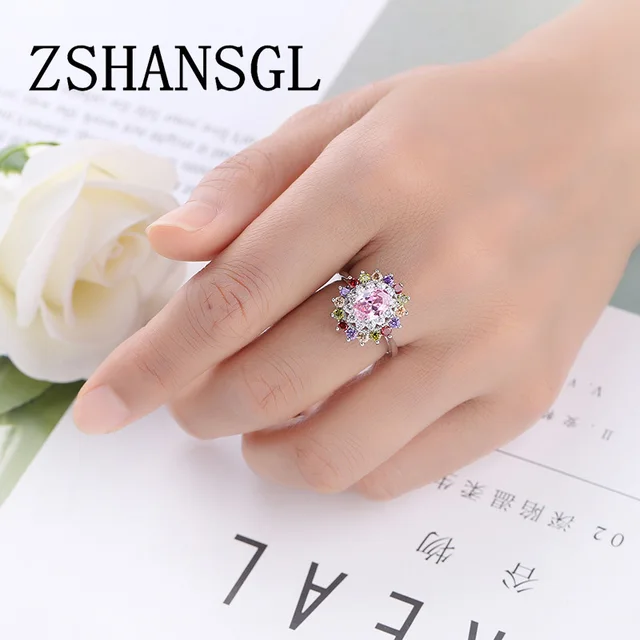 Romantic Ring Pave setting 5A Multicolor Zircon CZ 925 Sterling Sliver Wedding Band Rings set For Women Bridal bijoux