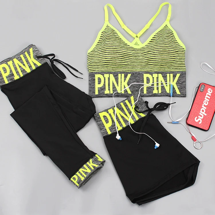 PINK Letter Sport Set Women Yoga Sets Sports Bra+Yoga Pants+Shorts Fitness Clothing Sportwear Gym Sets Women Workout Clothes