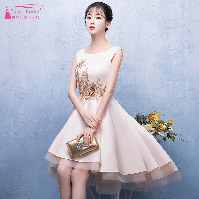 

TANYA BRIDAL Short Front Long Back Bridesmaid Dresses Simple Lace Appliques Sleeveless Hi-Lo Formal Wedding Party Dress JQ454